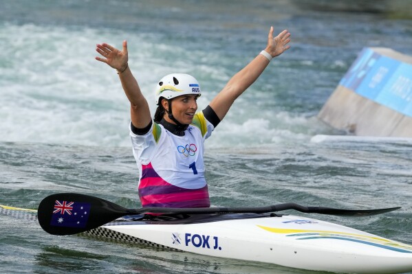 Jessica Fox of Australia reacts at finish of the women's kayak single finals during the canoe slalom at the 2024 Summer Olympics, Sunday, July 28, 2024, in Vaires-sur-Marne, France. (AP Photo/Kirsty Wigglesworth)