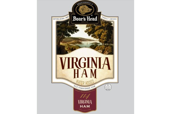 This image released by the Food Safety and Inspection Service, an agency of the United States Department of Agriculture, shows the product label for Boar's Head Virginia Ham meat, one of 71 products recalled as an investigation into a deadly listeria outbreak. The popular deli meat company is recalling an additional 7 million pounds of ready-to-eat products made at a Virginia plant as the investigation continues, U.S. Agriculture Department officials said Tuesday, July 30, 2024. (FSIS/USDA via AP)