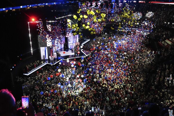 Balloons fall after the nomination of Republican presidential candidate former President Donald Trump and vice presidential candidate Sen. JD Vance, R-Ohio at the Republican National Convention Thursday, July 18, 2024, in Milwaukee. (AP Photo/Nam Y. Huh)