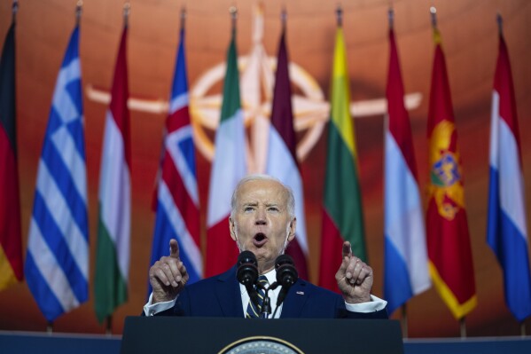 President Joe Biden delivers remarks on the 75th anniversary of NATO at the Andrew W. Mellon Auditorium, Tuesday, July 9, 2024, in Washington. (AP Photo/Evan Vucci)