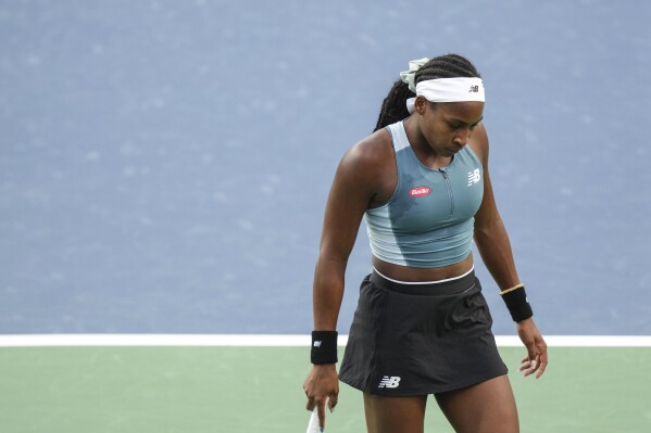 Coco Gauff of the United States reacts during her loss to Diana Shnaider of Russia at the National Bank Open in Toronto on Friday, August 9, 2024. (Chris Young/The Canadian Press via AP)