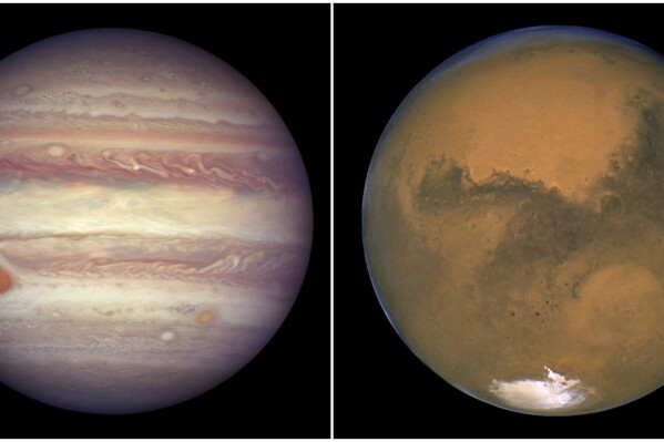 This combination image, created from two photos provided by NASA, shows Jupiter pictured on April 3, 2017, left, and Mars pictured on Aug. 26, 2003, right. (NASA via AP)