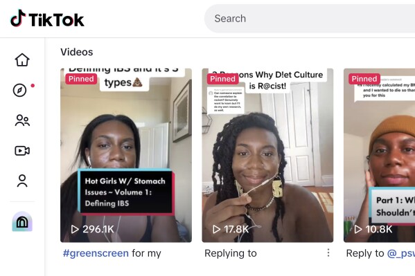 This Thursday, Aug. 1, 2024, image shows some of Lauren Bell's videos on the TikTok social media website. Bell, who takes over-the-counter medications occasionally to treat her symptoms, first started posting on Instagram about her struggle with IBS – how isolating it was and how she felt like she was having to rearrange her life and diet around her food sensitivities – and sharing her diagnosis with her friends (AP Photo)