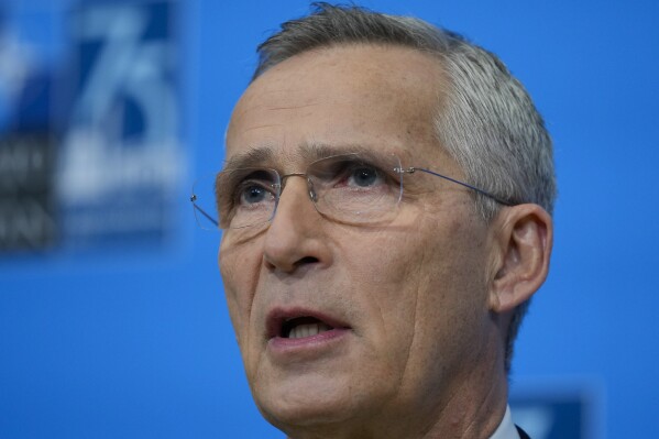 NATO Secretary General Jens Stoltenberg speaking to members of the media at the NATO summit on Wednesday, July 10, 2024, in Washington. (AP Photo/Matt Rourke).