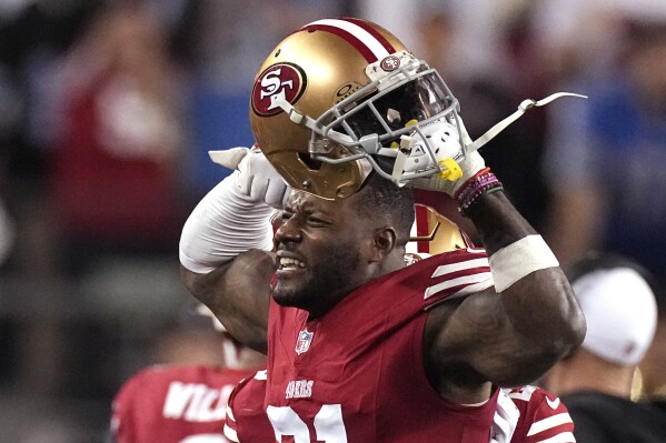 FILE - San Francisco 49ers safety Tashaun Gipson Sr. (31) celebrates during the second half of the NFC Championship NFL football game against the Detroit Lions in Santa Clara, Calif., Sunday, Jan. 28, 2024. The Jacksonville Jaguars signed veteran safety Gipson to a one-year contract Sunday, Aug. 11, reuniting him with the franchise despite a six-game suspension to start the regular season. (AP Photo/Mark J. Terrill, File)