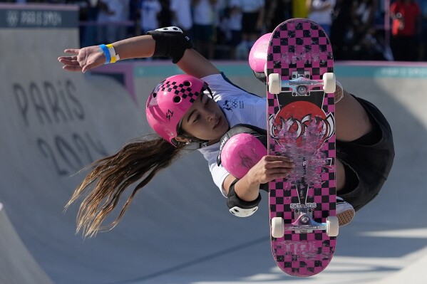 Arisa Trew of Australia competes during the women's skateboarding park final at the 2024 Summer Olympics, Tuesday, Aug. 6, 2024, in Paris, France. (AP Photo/Frank Franklin II)