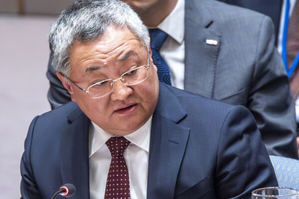 FILE -Fu Cong, China's permanent representative to the United Nations addresses members of the U.N. Security Council during a meeting on Non-proliferation of nuclear weapons, April 24, 2024 at United Nations headquarters. The United Nations General Assembly adopted a Chinese-sponsored resolution with U.S. support urging wealthy developed nations to close the widening gap with poorer developing countries and ensure that they have equal opportunities to use and benefit from artificial intelligence.Fu Cong told reporters Monday that the two resolutions are complementary, with the U.S. measure being “more general” and the just-adopted one focusing on “capacity building.”(AP Photo/Eduardo Munoz Alvarez, File)