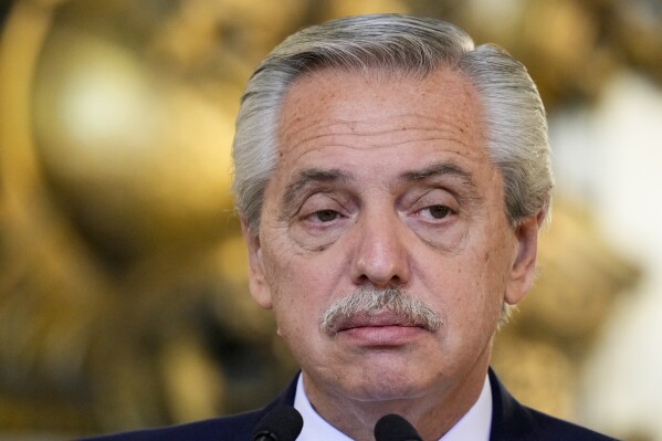 FILE - Argentina's President Alberto Fernandez attends a joint press conference with European Commission President Ursula von der Leyen, at the government house in Buenos Aires, Argentina, June 13, 2023. (AP Photo/Natacha Pisarenko, File)