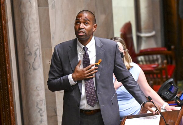 New York Lt. Gov. Antonio Delgado stands during the Pledge of Allegiance before presiding over the Senate at the state Capitol Thursday, June 30, 2022, in Albany, N.Y. (AP Photo/Hans Pennink)