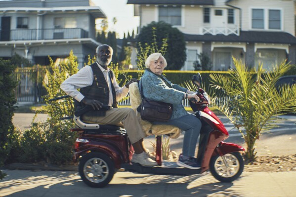 This image released by Magnolia Pictures shows Richard Roundtree, left, and June Squibb in a scene from the film "Thelma." (Magnolia Pictures via AP)