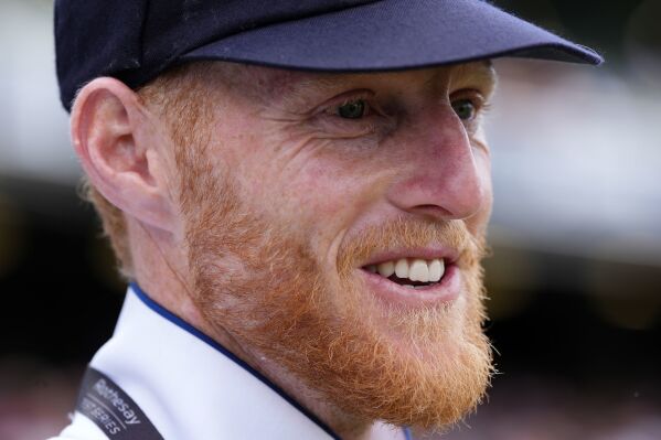 Endland's Ben Stokes celebrates winning the Test match series during day three of the Third Rothesay Test match at Edgbaston, Birmingham, England, Sunday July 28, 2024. (Nick Potts/PA via AP)