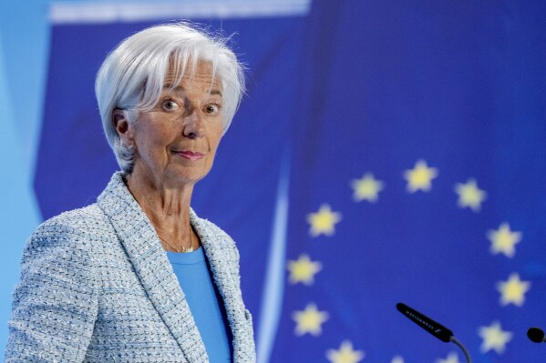 FILE - President of European Central Bank Christine Lagarde attends a press conference in Frankfurt, Germany, June 6, 2024. Home buyers and businesses waiting for lower interest rates in Europe are going to have to wait a little longer as the ECB takes its time to make sure stubborn inflation is firmly under control before lowering its benchmark rate again. (AP Photo/Michael Probst, File)