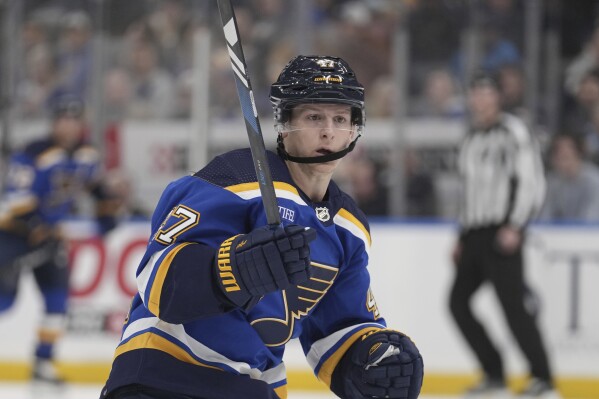 FILE - St. Louis Blues' Torey Krug in action during the first period of an NHL hockey game against the Buffalo Sabres on Nov. 30, 2023, in St. Louis. Krug is in danger of missing the entire 2024-25 NHL season after being diagnosed with pre-arthritic changes in his left ankle. The team announced Tuesday, July 16, 2024 that Krug will work to rehabilitate the injury without surgery over the next 6-8 weeks before being re-evaluated. (AP Photo/Jeff Roberson, file)