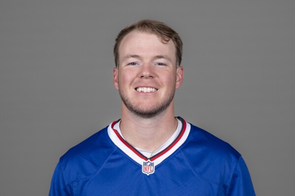 FILE - Tyler Bass of the Buffalo Bills NFL football team stands for a portrait in Orchard Park, N.Y., on Monday, June 10, 2024. (AP Photo/File)