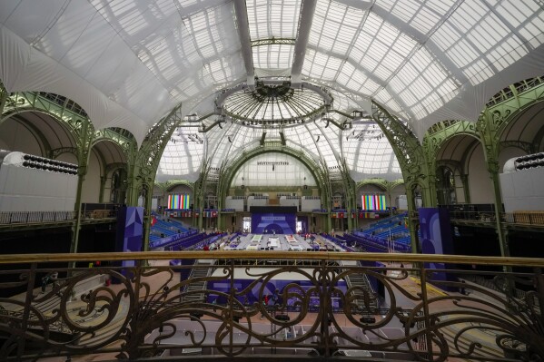 A view of the Grand Palais, the venue that will host fencing and Taekwondo at the 2024 Summer Olympics, is pictured Thursday, July 25, 2024, in Paris, France. (AP Photo/Andrew Medichini)