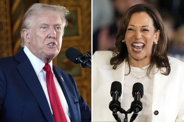 Republican presidential nominee former President Donald Trump speaks to reporters during a news conference, Aug. 8, 2024, in Palm Beach, Fla., left, and Democratic presidential nominee Vice President Kamala Harris speaks at a campaign rally, Aug. 7, 2024, in Romulus, Mich. (AP Photo)