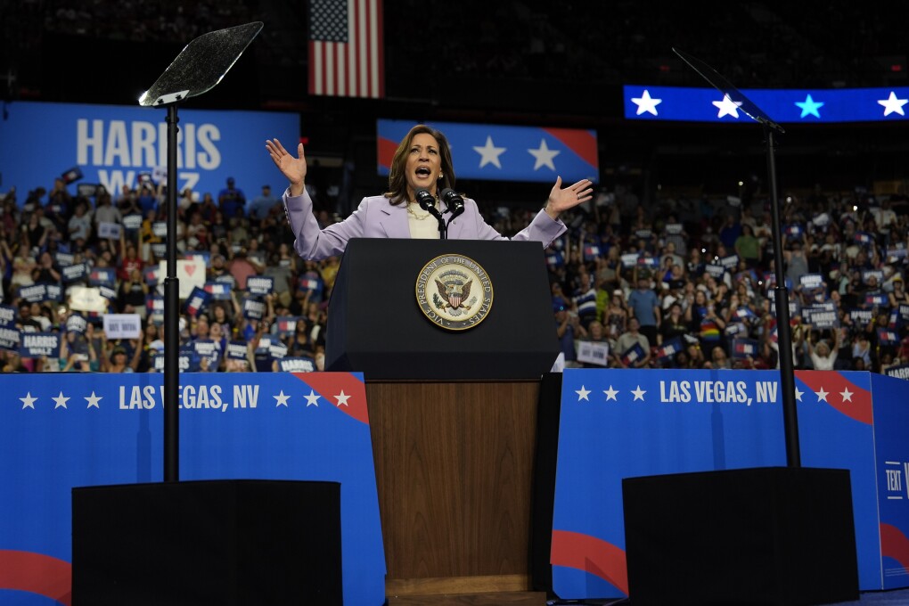 Democratic presidential nominee Vice President Kamala Harris speaks at a campaign rally, Saturday, Aug. 10, 2024, in Las Vegas. (AP Photo/Julia Nikhinson)