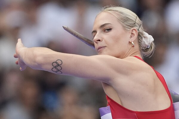 Victoria Hudson, of Austria, competes during the women's javelin throw qualification at the 2024 Summer Olympics, Wednesday, Aug. 7, 2024, in Saint-Denis, France. (AP Photo/Matthias Schrader)