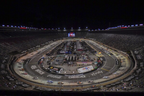 FILE - Drivers make their way around Bristol Motor Speedway during a caution period in the NASCAR Xfinity Series auto race, Sept. 15, 2023, in Bristol, Tenn. (Emily Ball/Bristol Herald via AP, File)