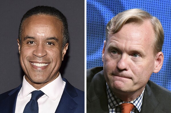 This combination photo shows Maurice DuBois, left, and John Dickerson. DuBois and Dickerson will co-anchor the “CBS Evening News” following the departure of Norah O'Donnell later this year, the network said Thursday, Aug. 1, 2024. (AP Photo)