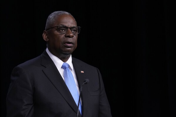 Defense Secretary Lloyd Austin speaks during a news conference at the United States Naval Academy in Annapolis, Md., Tuesday, Aug. 6, 2024. (AP Photo/Susan Walsh)