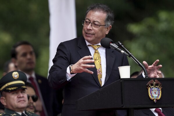 Colombian President Gustavo Petro speaks at the ceremony marking the anniversary of the 1819 Battle of Boyaca that sealed Colombia's independence from Spain, at the Puente de Boyaca Monument in Tunja, Colombia, Wednesday, Aug. 7, 2024. (AP Photo/Ivan Valencia)