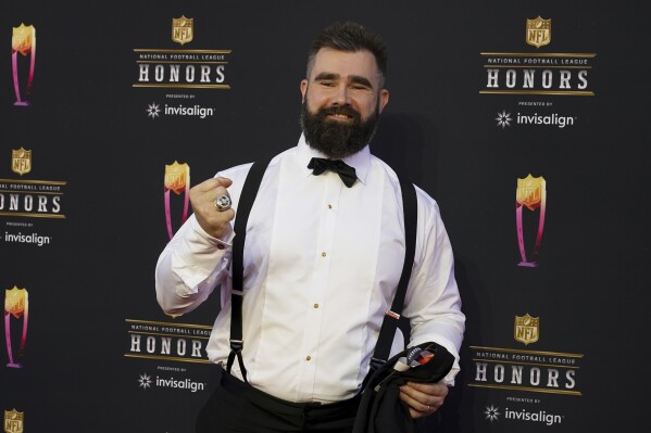 FILE - Philadelphia Eagles Jason Kelce arrives for the NFL Honors show, Feb. 10, 2022, in Inglewood, Calif..(AP Photo/Marcio Jose Sanchez, file)