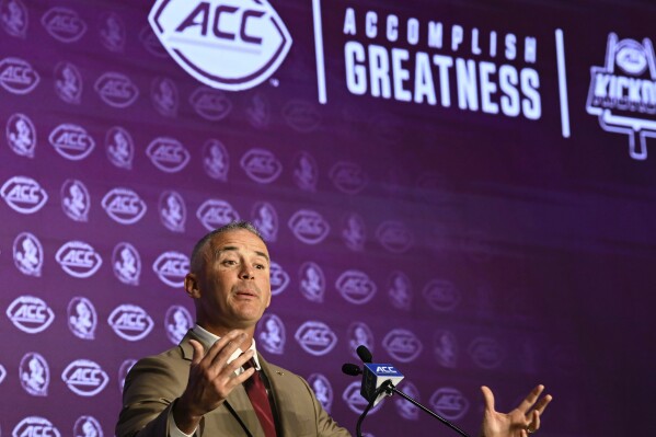 Florida State head coach Mike Norvell speaks during the Atlantic Coast Conference NCAA college football media days, Monday, July 22, 2024, in Charlotte, N.C. (AP Photo/Matt Kelley)