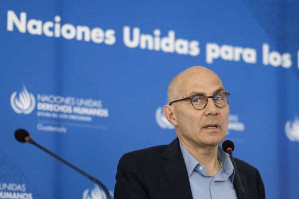 FILE - U.N. High Commissioner for Human Rights Volker Türk speaks during a news conference on his last day of an official visit to Guatemala City, Friday, July 19, 2024. (AP Photo/Moises Castillo)