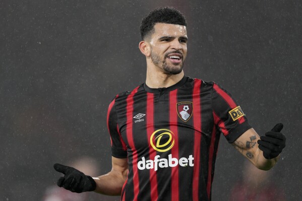 FILE - Bournemouth's Dominic Solanke reacts to a decision during the English Premier League soccer match between Bournemouth and Crystal Palace, at The Vitality Stadium in Bournemouth, England, on April 2, 2024. Tottenham has completed the signing of striker Dominic Solanke from Premier League rival Bournemouth in a deal worth a reported 65 million pounds ($83 million). (AP Photo/Dave Shopland)