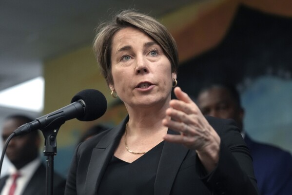 FILE - Massachusetts Gov. Maura Healey takes questions from reporters, Jan. 31, 2024, during a news conference in Boston. (AP Photo/Steven Senne, file)