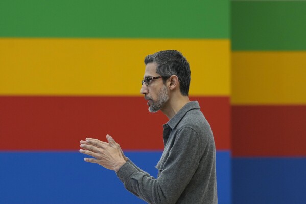 FILE - Alphabet CEO Sundar Pichai speaks at a Google I/O event in Mountain View, Calif., on May 14, 2024. Alphabet reports earnings on Tuesday, July 23, 2024. (AP Photo/Jeff Chiu, File)