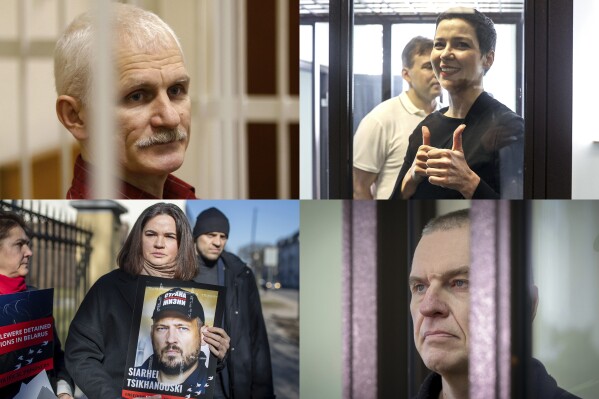 This photo combination shows Belarus political prisoners, clockwise from top left, Viasna human rights group founder and Nobel Peace Prize laureate Ales Bialiatski in , Belarus' opposition activist Maria Kolesnikova, journalist Andrzej Poczobut and opposition activist Sviatlana Tsikhanouskaya holding a portrait of her jailed husband Syarhey Tsikhanousky. (AP Photo)