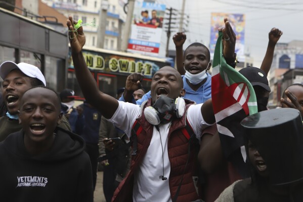 People take part in a protest rally against hunger in Nairobi, Kenya, Thursday Aug. 8, 2024 (AP Photo/Andrew Kasuku)