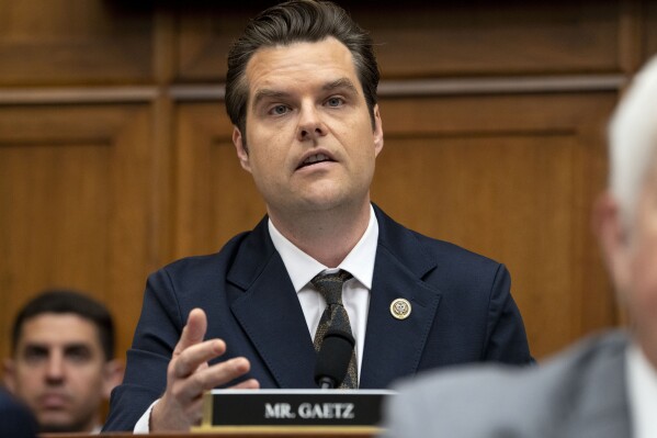 FILE - Rep. Matt Gaetz, R-Fla., questions Attorney General Merrick Garland during a House Judiciary Committee hearing on the Department of Justice, June 4, 2024, on Capitol Hill in Washington. The House Ethics Committee in an unusual public statement Tuesday confirmed it is reviewing several allegations against the congressman. The committee said it is investigating whether Gaetz engaged in sexual misconduct and illicit drug use, whether he accepted improper gifts and whether he sought to obstruct government investigations of his conduct. Four other allegations are no longer being investigated. (AP Photo/Jacquelyn Martin, File)