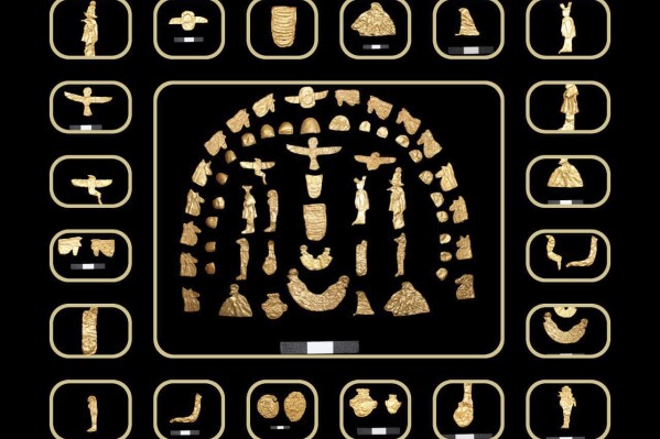 This image provided by Egypt's Supreme Council of Antiquities, shows artifacts which were discovered inside tombs at the Tell al-Deir necropolis, in the Nile Delta town of Damietta, about 125 miles (200 km) north of Cairo, Egypt. The Egyptian Ministry of Tourism and Antiquities announced the discovery of the trove, which includes gold pieces, bronze coins and amulets on July 25, 2024. ( Egypt's Supreme Council of Antiquities via AP)