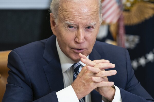 FILE - President Joe Biden speaks during a meeting on combating fentanyl, in the Roosevelt Room of the White House, Nov. 21, 2023, in Washington. Biden is calling on Congress to do more to reduce the flow of fentanyl into the United States. The new push comes just as former President Donald Trump steps up attacks against Vice President Kamala Harris. (AP Photo/Evan Vucci, File)