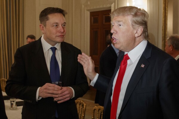 FILE - President Donald Trump, right, talks with Tesla and SpaceX CEO Elon Musk at the White House in Washington, Feb. 3, 2017. (AP Photo/Evan Vucci, File)