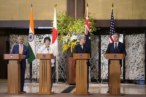 FILE - U.S. Secretary of State Antony Blinken, right, speaks during a news conference with Indian Foreign Minister Subrahmanyam Jaishankar, from left, Japanese Foreign Minister Yoko Kamikawa, Australian Foreign Minister Penny Wong, following the Quad Ministerial Meeting at the Foreign Ministry's Iikura guesthouse in Tokyo, on July 29, 2024. (AP Photo/Shuji Kajiyama, File)