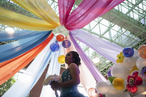 Miztli Valencia, 15, attends the annual “Mis XV” or “My Fifteenth” birthday celebration for patients who are currently in treatment for a serious disease or have overcome cancer, at the Federico Gomez Children’s Hospital in Mexico City, Friday, Aug. 9, 2024. (AP Photo/Aurea Del Rosario)