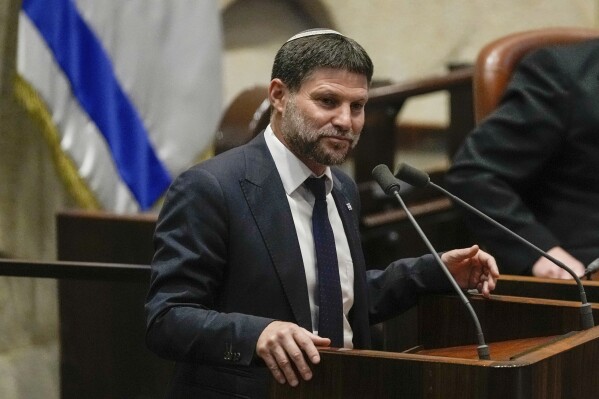 FILE - Israeli Finance Minister Bezalel Smotrich speaks at the Knesset, Israel's parliament, in Jerusalem, on July 10, 2023. (AP Photo/Maya Alleruzzo, File)