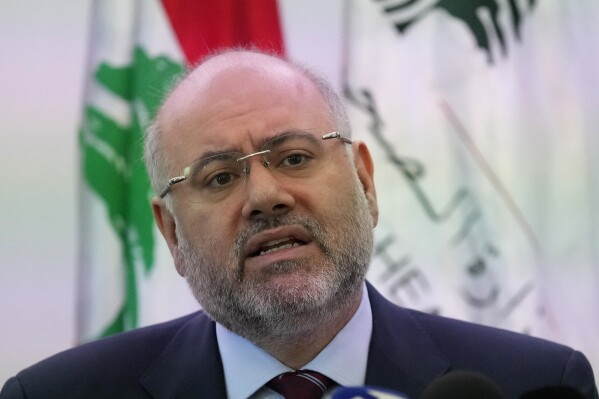 FILE - Lebanon's Health Minister Firas Abiad speaks during a press conference on the first case of cholera, in Beirut, Lebanon, Friday, Oct. 7, 2022. Lebanon's healthcare, battered by years of crises, is scrambling with already stretched resources to prepare for a possible wider conflict with Israel, the country's health minister told the Associated Press in an interview Monday. (AP Photo/Hussein Malla, File)