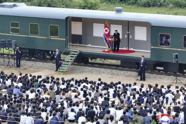 In this photo taken during a two-day trip on Aug. 8 and Aug. 9, 2024 and provided by the North Korean government, North Korean leader Kim Jong Un delivers a speech as he visits a flood-hit area in Uiju, North Phyongan province, North Korea. Independent journalists were not given access to cover the event depicted in this image distributed by the North Korean government. The content of this image is as provided and cannot be independently verified. Korean language watermark on image as provided by source reads: "KCNA" which is the abbreviation for Korean Central News Agency. (Korean Central News Agency/Korea News Service via AP)