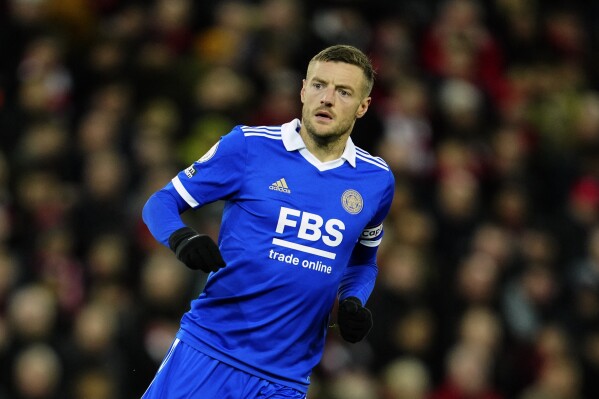 FILE - Leicester's Jamie Vardy runs during the English Premier League soccer match between Liverpool and Leicester City at Anfield stadium in Liverpool, England, Friday, Dec. 30, 2022. (AP Photo/Jon Super, File)