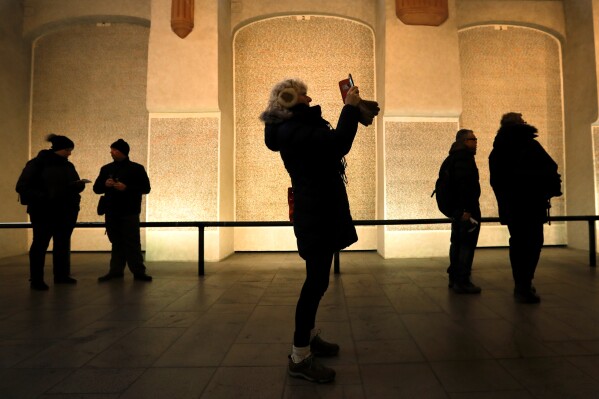 FILE - Tourists visit the Pinkas synagogue in Prague, Czech Republic, Thursday, Jan. 24, 2019. Antisemitic incidents in the Czech Republic sharply increased last year, with their peak appearing in the final quarter of 2023 following the deadly Hamas attacks on Oct. 7, an assault that triggered the war in Gaza, the country’s Jewish community said Monday, Aug. 5, 2024. (AP Photo/Petr David Josek, File)