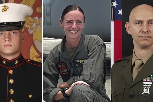 This combination of photos provided by U.S. Marines Corps., shows Marine V-22B Osprey pilot Capt. Eleanor V. LeBeau, center, Cpl. Spencer R. Collart, left, and Maj. Tobin J. Lewis, right. The U.S. Marine Corps has released the names of the three Marines killed in a fiery tiltrotor aircraft crash on a north Australian island this week and said one off their colleagues remained in hospital in a critical condition.(U.S. Marines Corps via AP)