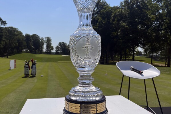 The Solheim Cup is displayed on the first tee box at Robert Trent Jones Golf Club, Monday, July 15, 2024, in Gainesville, Va., where the United States will take on Europe in the Solheim Cup golf tournament in September. (AP Photo/Ben Nuckols Sent from my iPhone