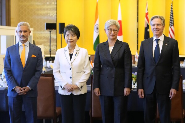 Foreign minister from left to right, Indian External Affairs Minister Subrahmanyam Jaishankar, Japanese Foreign Minister Yoko Kamikawa, Australian Foreign Minister Penny Wong and U.S. Secretary of State Antony Blinken pose for a photo ahead of the Quad Ministerial Meeting at the Foreign Ministry's Iikura guesthouse in Tokyo, Monday, July 29, 2024. (AP Photo/Shuji Kajiyama)