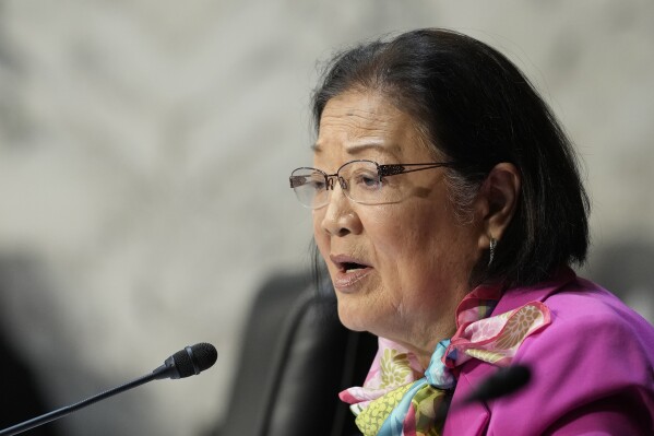 FILE - Sen. Mazie Hirono, D-Hawaii, questions FBI Director Christopher Wray during a Senate Judiciary Committee oversight hearing on Capitol Hill in Washington, Dec. 5, 2023. (AP Photo/Susan Walsh, File)