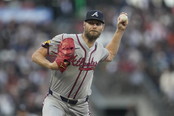 Atlanta Braves pitcher Chris Sale works against the San Francisco Giants during the first inning of a baseball game in San Francisco, Monday, Aug. 12, 2024. (AP Photo/Jeff Chiu)